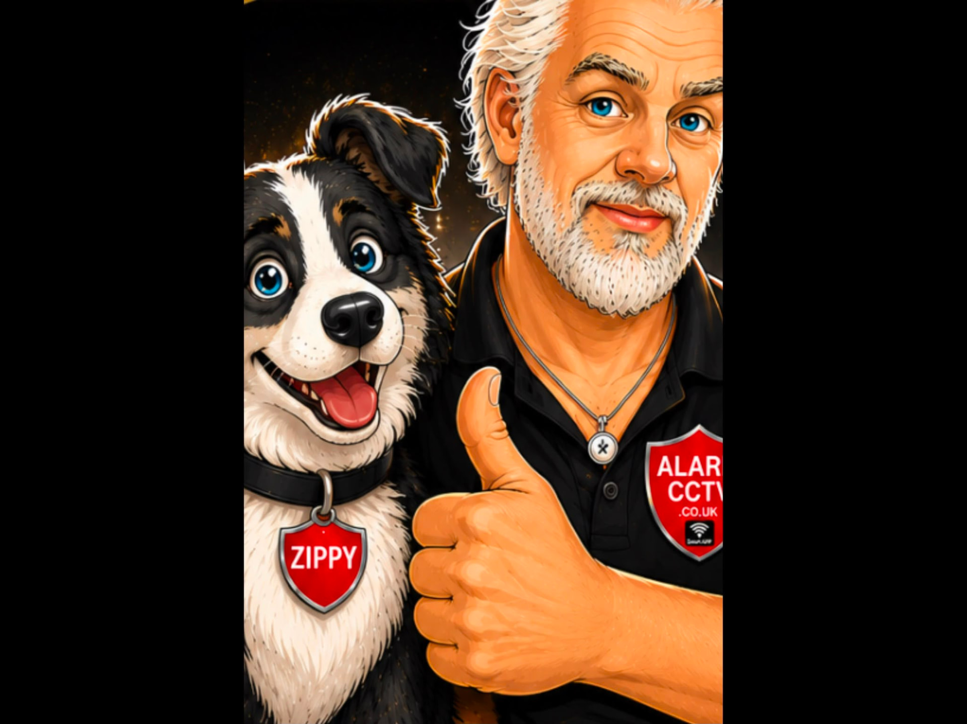 Illustrated portrait of Zippy the Border Collie wearing a red AlarmCCTV shield tag alongside his owner in an AlarmCCTV polo giving a thumbs up